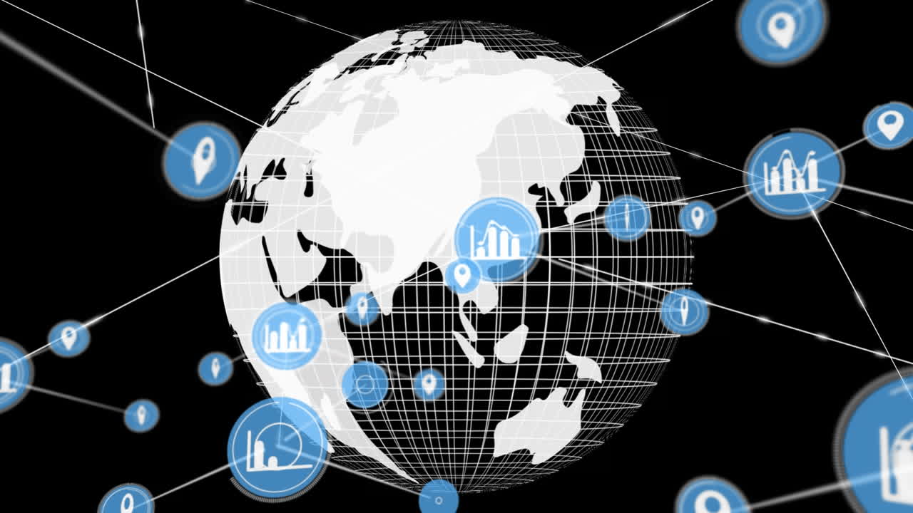 검은색 배경에 아이콘과 글로브로 연결된 네트워크의 애니메이션