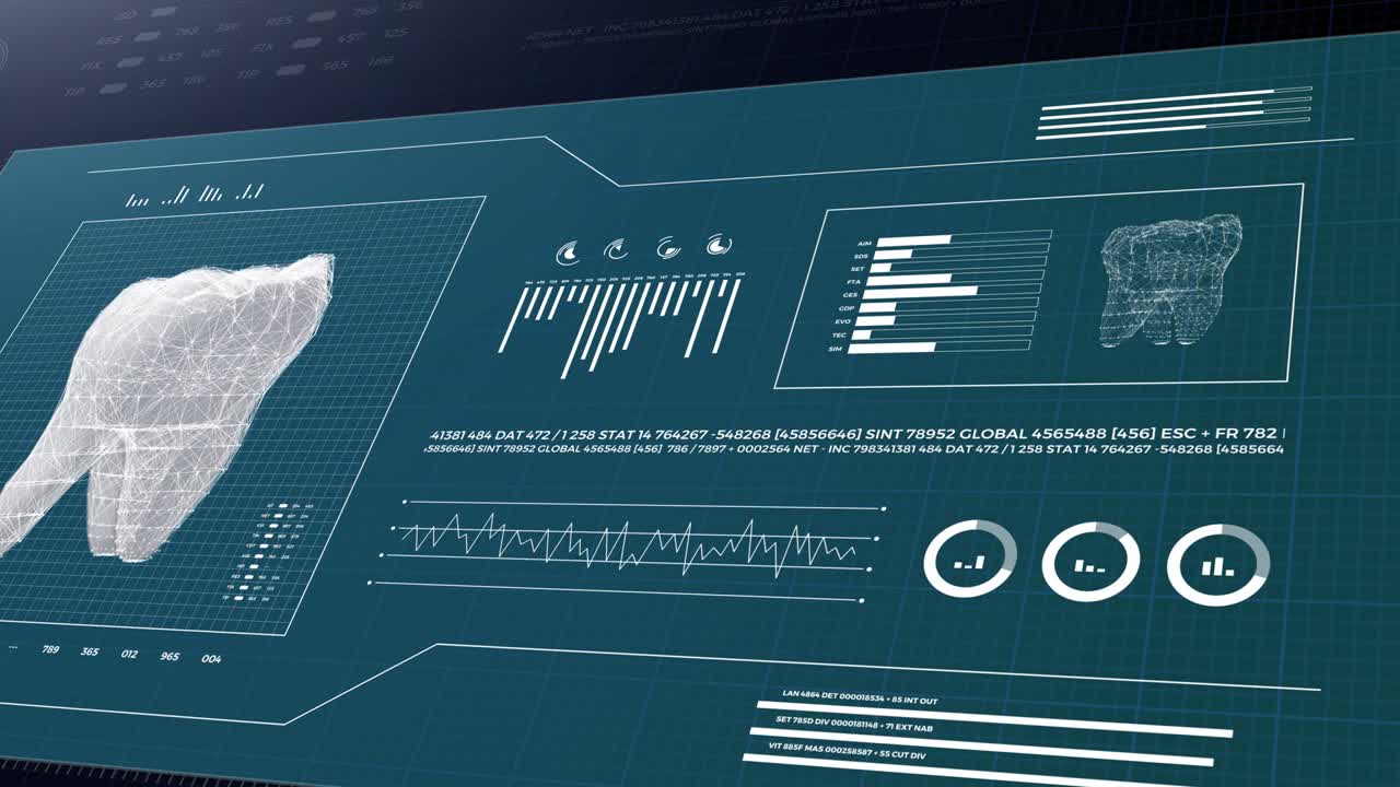 HUD display monitor 3d. Tooth checkup digital 3d animation. Digital dentist or dental software application.