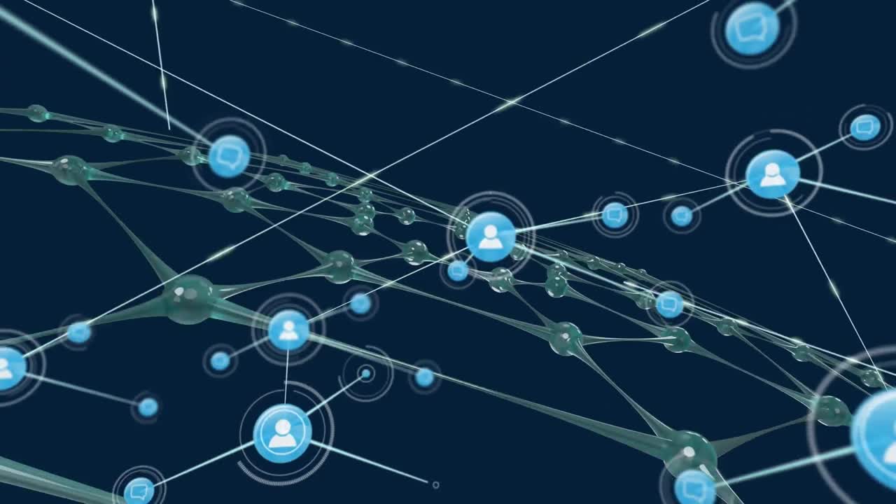 Animation of network of connections with icons and shape on black background
