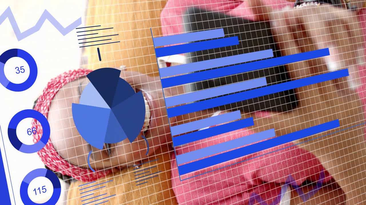 Woman reclining on wood floor as playback starting blue charts and grid overlaying showing business