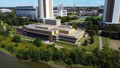 drake performance center, ohio state university, department of theater, film and media arts, aerial drone on the campus along the olentangy river