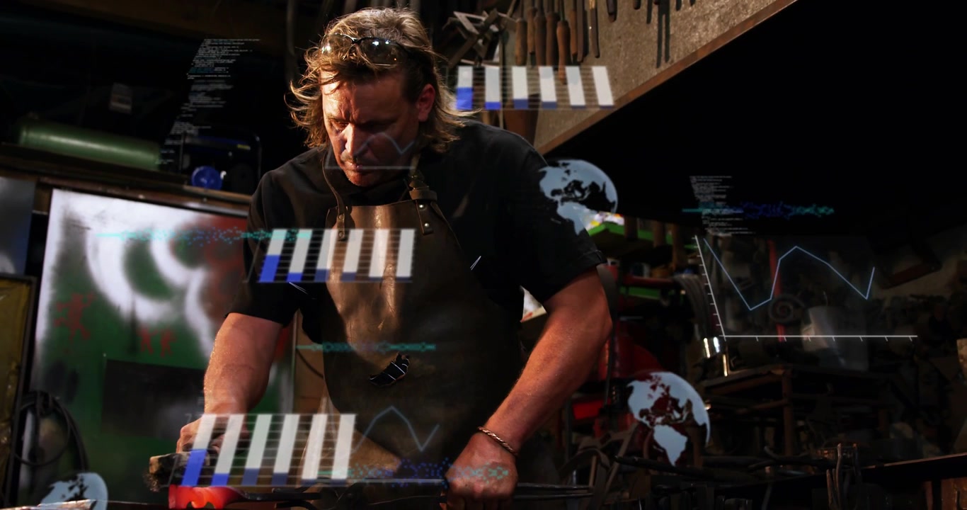 Blacksmith shaping glowing metal in forge, heat causing strikes while HUD bars mapping alignment