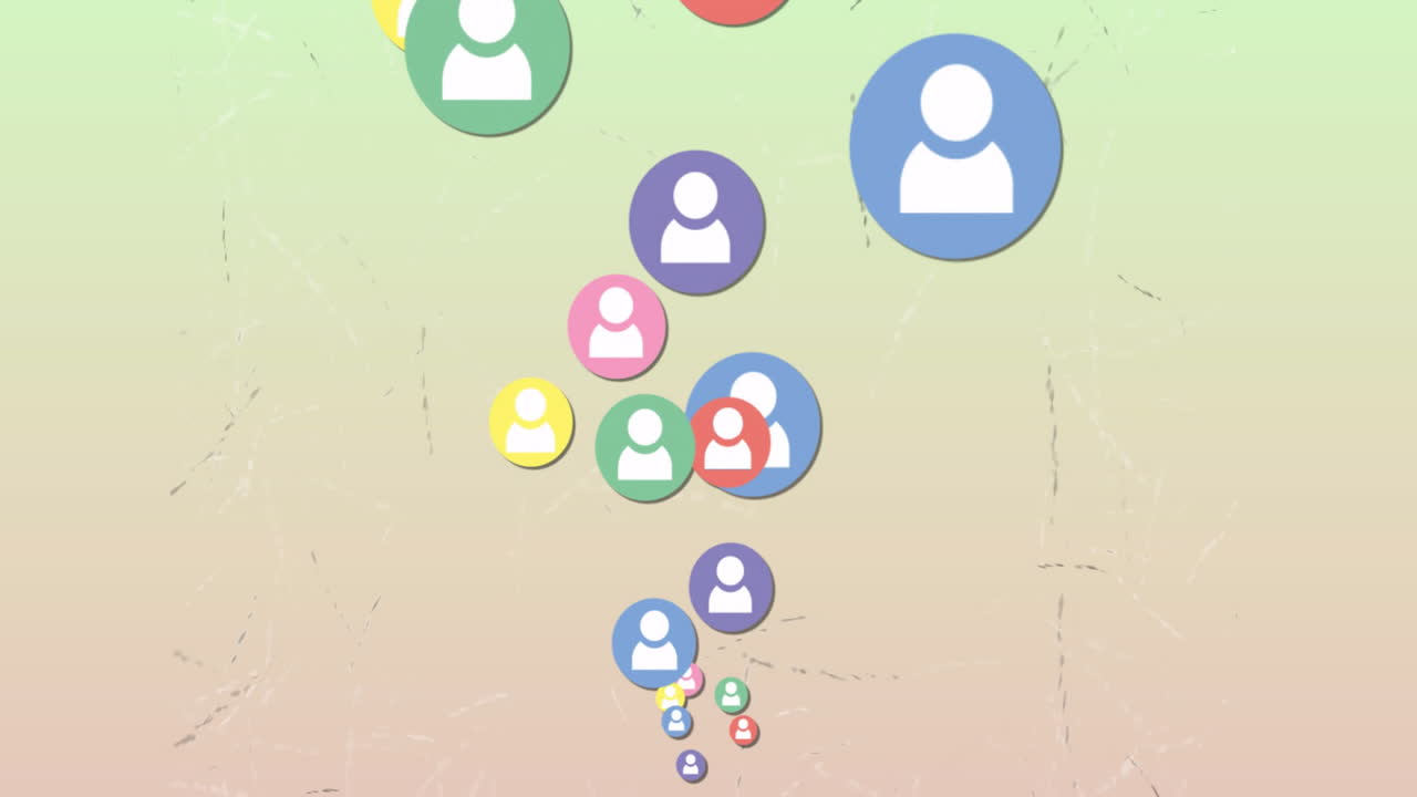 Vertical cascade of colorful user icons being animated over pastel gradient in flat design