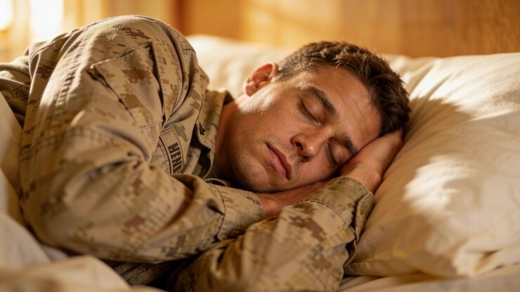 Warmes Licht wiegt schlafenden Soldaten in Kasernenbett, Tarnuniform mit sichtbarem Abzeichen.