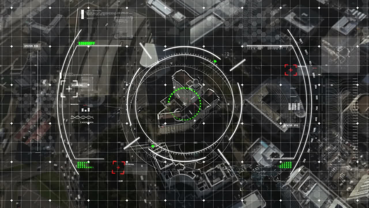 도시 풍경 위의 범위 스캐닝과 데이터 처리 애니메이션