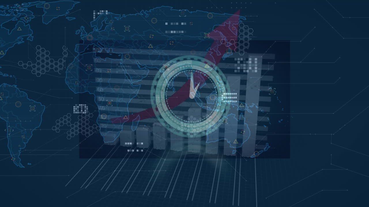 Animation of world map over clock and data processing on blue background