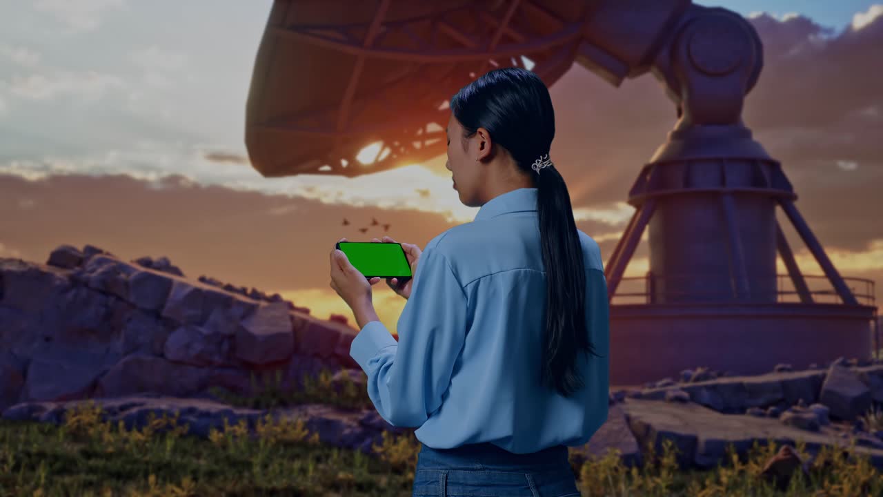 Back View Of An Asian Female Professional Worker Standing With Large Satellite Dish, Checking On Smartphone With Green Screen And Look At The Factory
