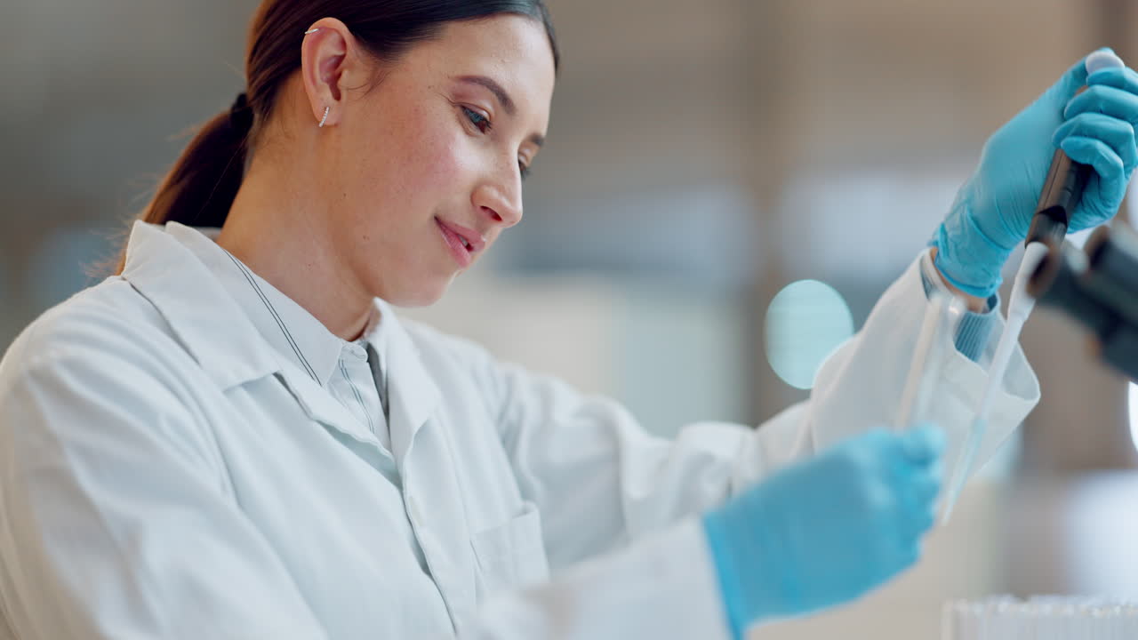 Science, research and woman with pipette
