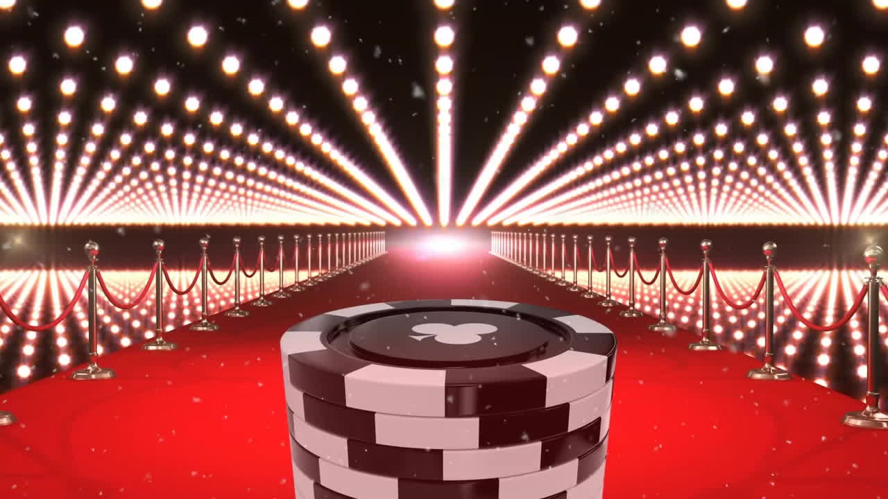 Animazione di una pila di fiches da poker su un tappeto rosso con luci lampeggianti