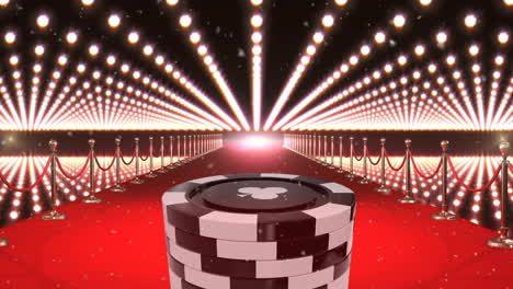 animación de una pila de fichas de póquer en la pasarela de la alfombra roja con luces intermitentes