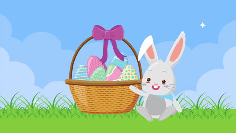 happy easter animated card with eggs in basket and cute rabbit