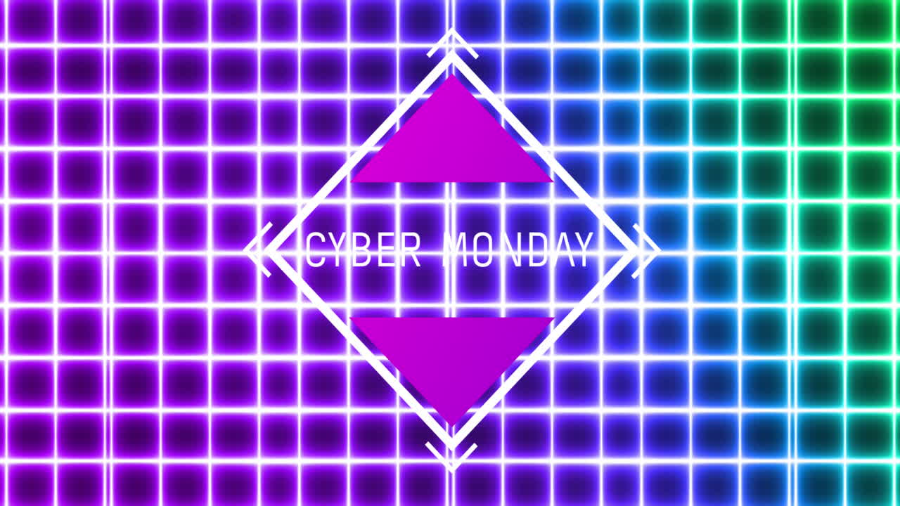 animación del texto de cyber monday en letras blancas sobre una rejilla brillante de neón