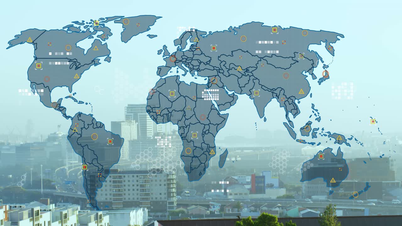 Faint outline appearing world map overlay expanding over city skyline pulsing markers updating data