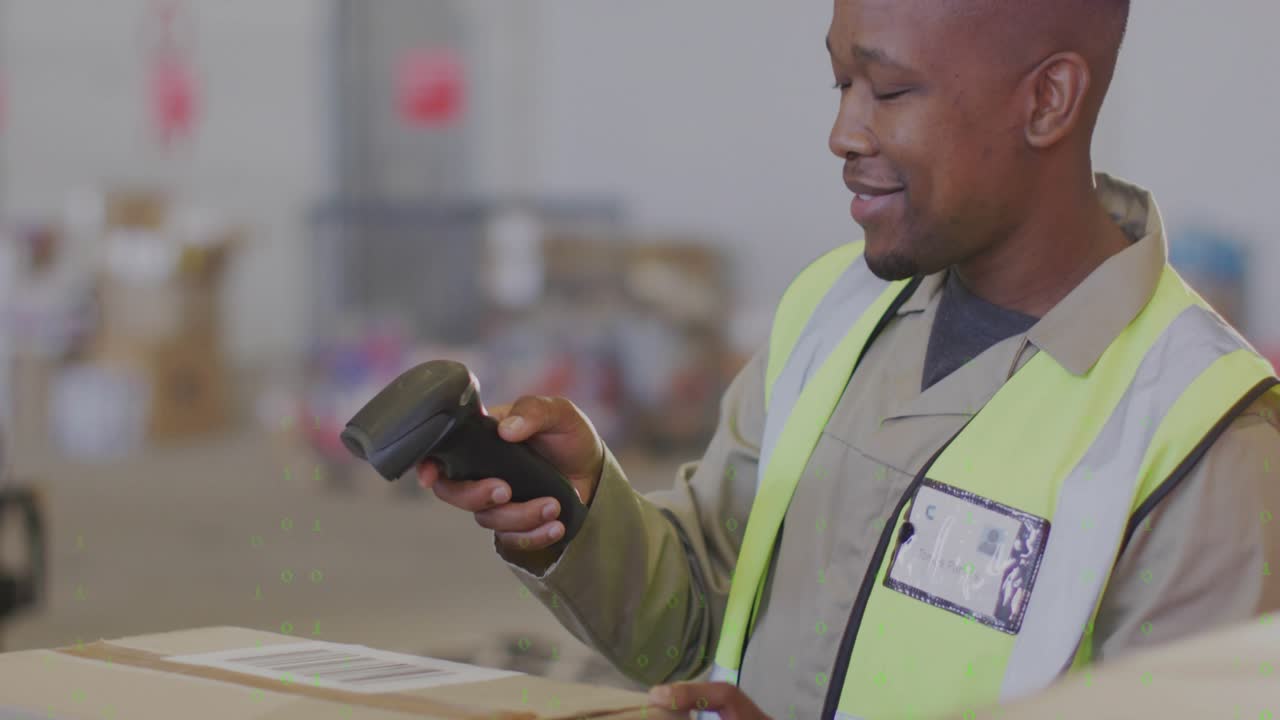 Packer raising scanner to label aligning and scanning confirming shipping, green overlay appearing