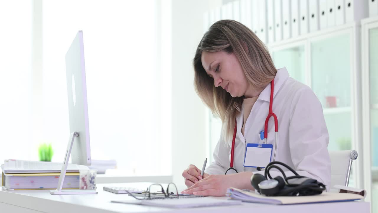 Doctor working at desk with computer and medical equipment