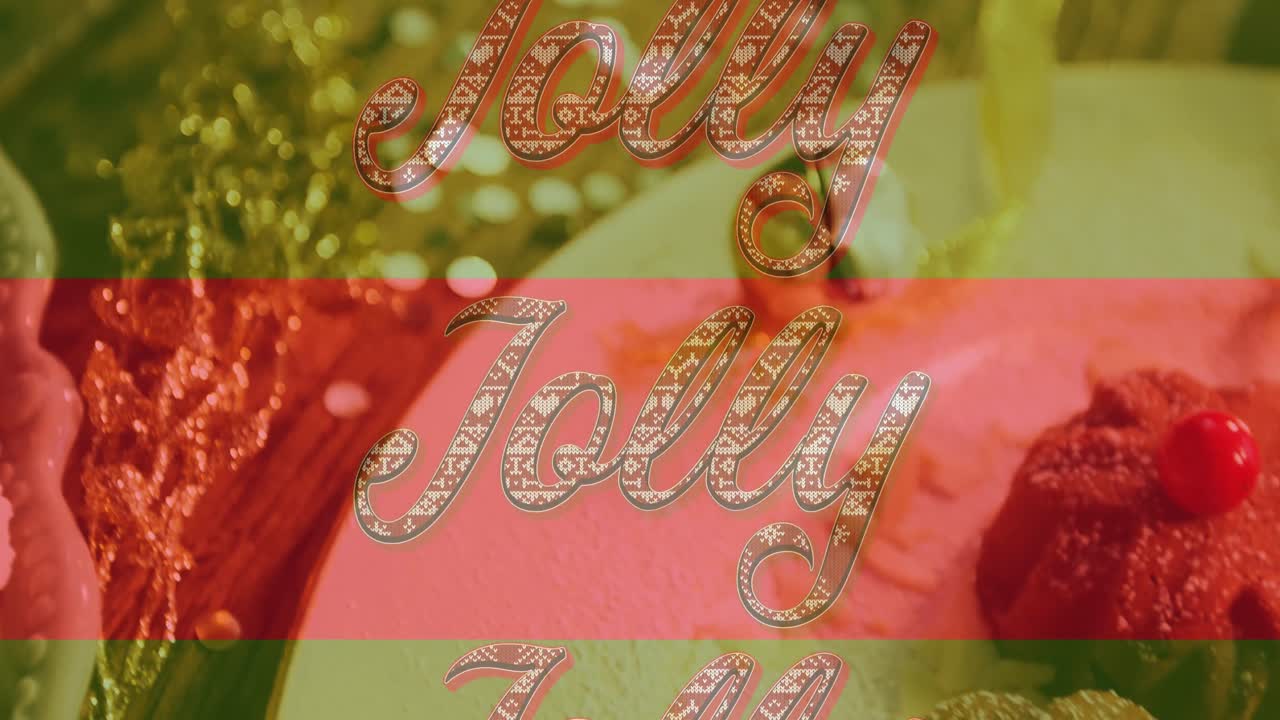 음식과 장식 위에 빨간색과 녹색 줄무 ⁇ 에 빨간색과  ⁇ 색 패턴으로 즐거운 텍스트의 애니메이션