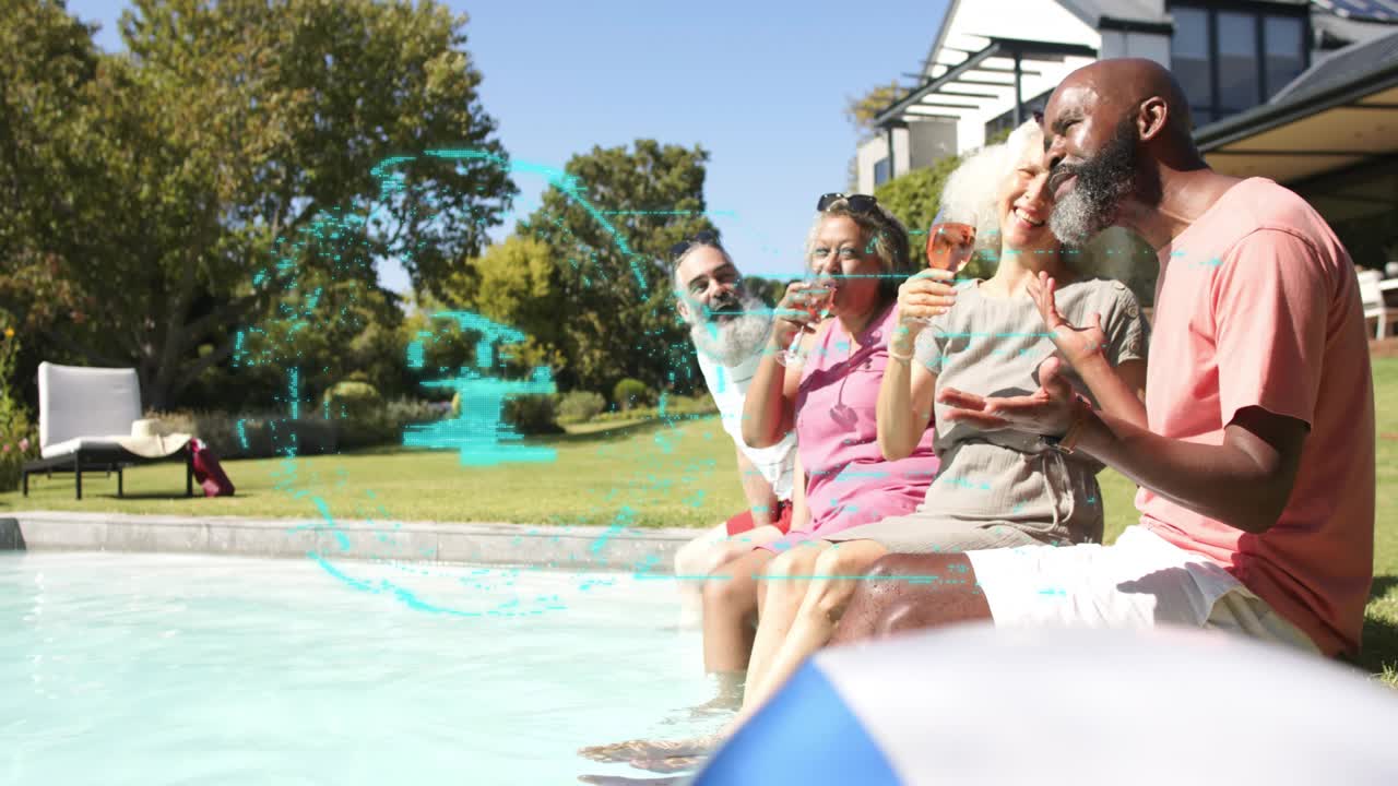 Four adults sitting by pool, turquoise lock appearing, pulsing, causing laughter in security demo