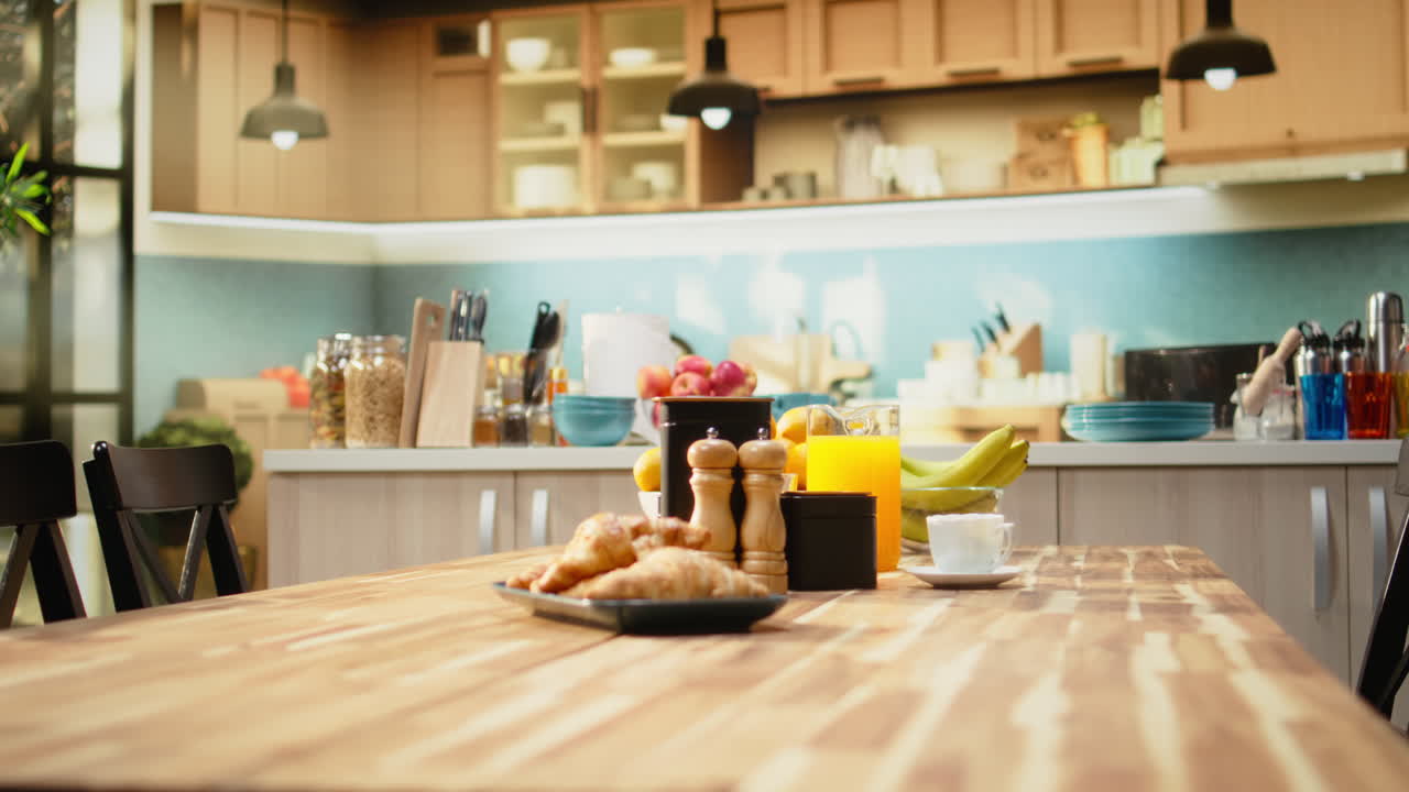 Kitchen interior with croissants and coffee for breakfast meal
