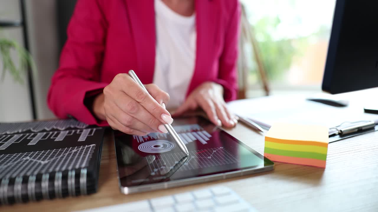 Businesswoman analyzing data on tablet