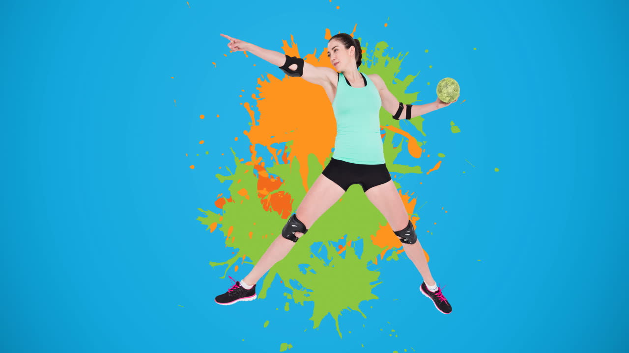 백인 여성  ⁇ 드볼 선수가 다채로운 얼룩 위에 공을 던지는 애니메이션