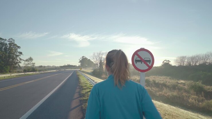 Giovane donna corre lungo la strada al mattino. Il sole sta appena iniziando a sorgere all'orizzonte e i bagliori si riflettono sull'obiettivo della fotocamera