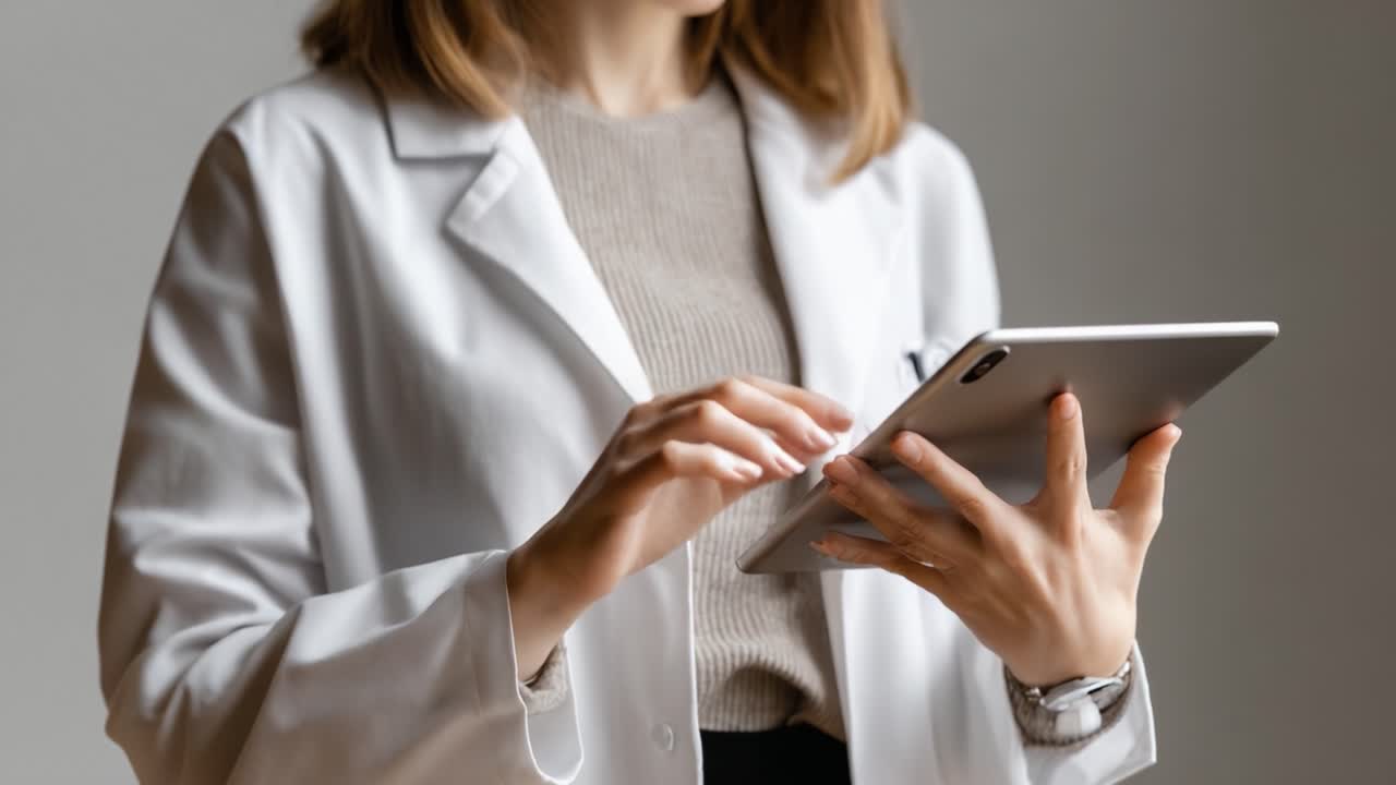 A healthcare professional in a lab coat attentively engages with a tablet device, demonstrating modern medical practices and the integration of technology in patient care