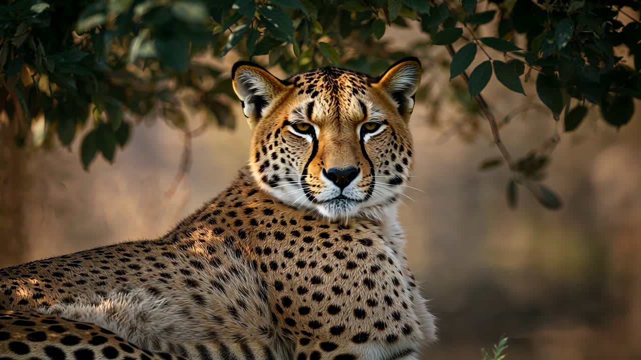 Zooming camera shifting angle beneath savanna canopy, cheetah lifting head listening distant sounds