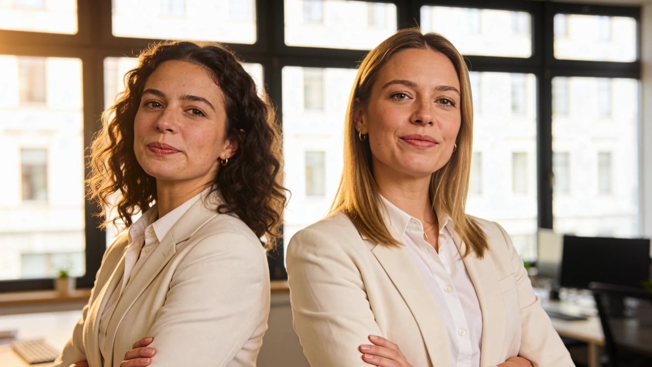 Cámara encendida, dos colegas posando en la oficina, vistiendo blazers junto a ventanas de rejilla, con sonrisas cambiantes.