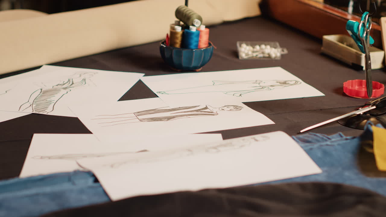 atelier vacío con bocetos de ropa