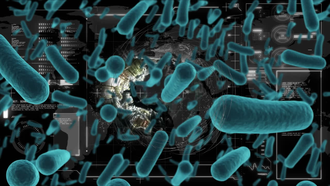 인터페이스에서 데이터 처리를 통해 박테리아 세포로 회전하는 지구의 애니메이션