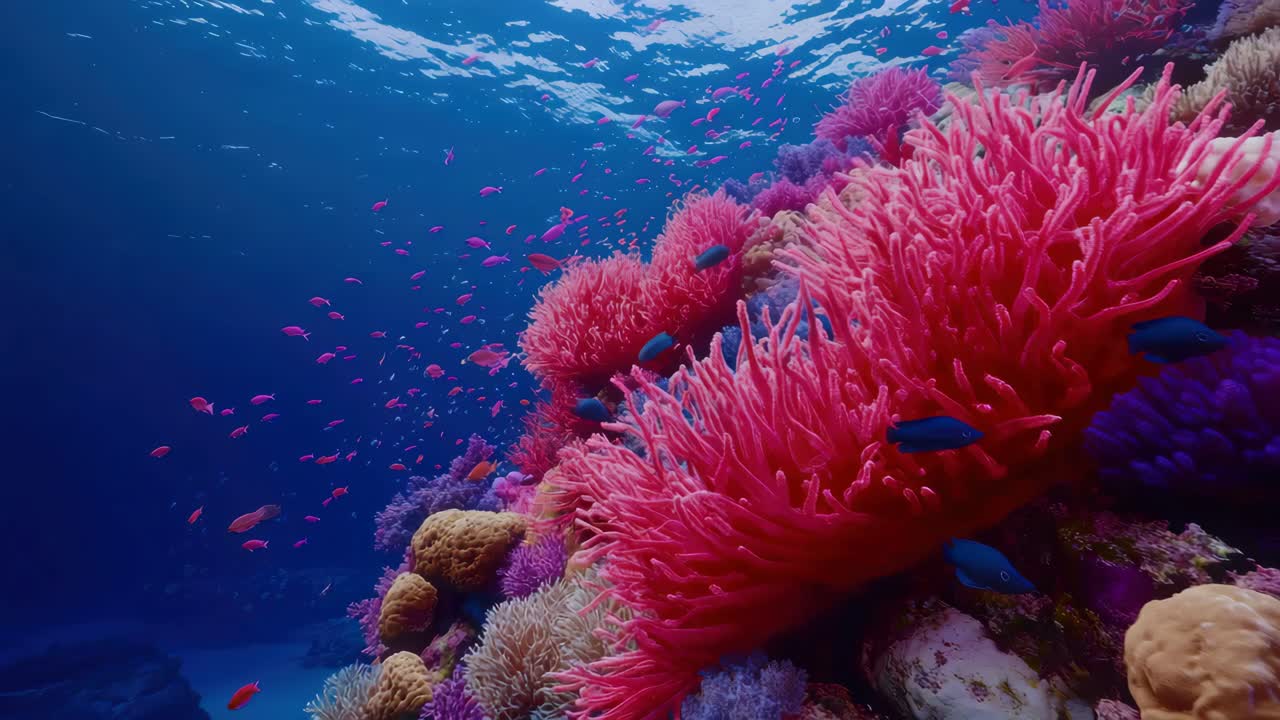 Vibrant underwater scene with colorful coral and fish, captured from a low-angle perspective