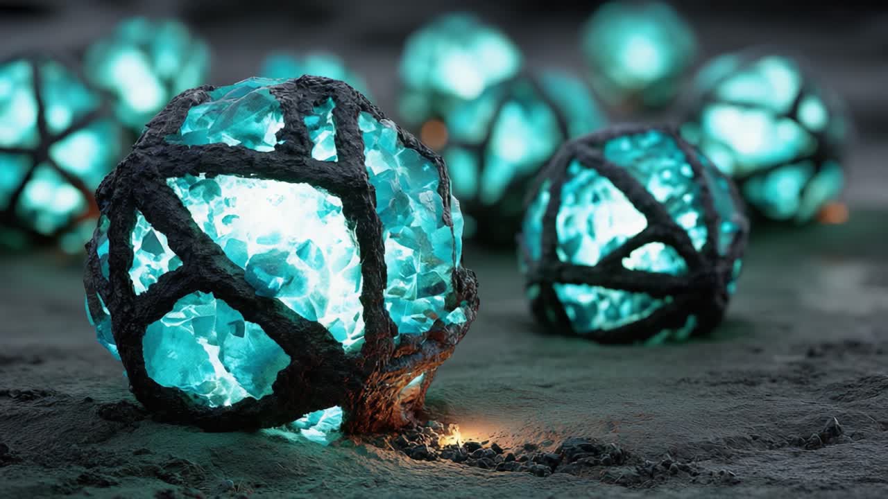 Orbes Geométricas Luminosas em uma Paisagem Mística: Uma Análise Detalhada de Estruturas Cristalinas Iluminadas com Texturas Intrincadas e um Brilho Mágico