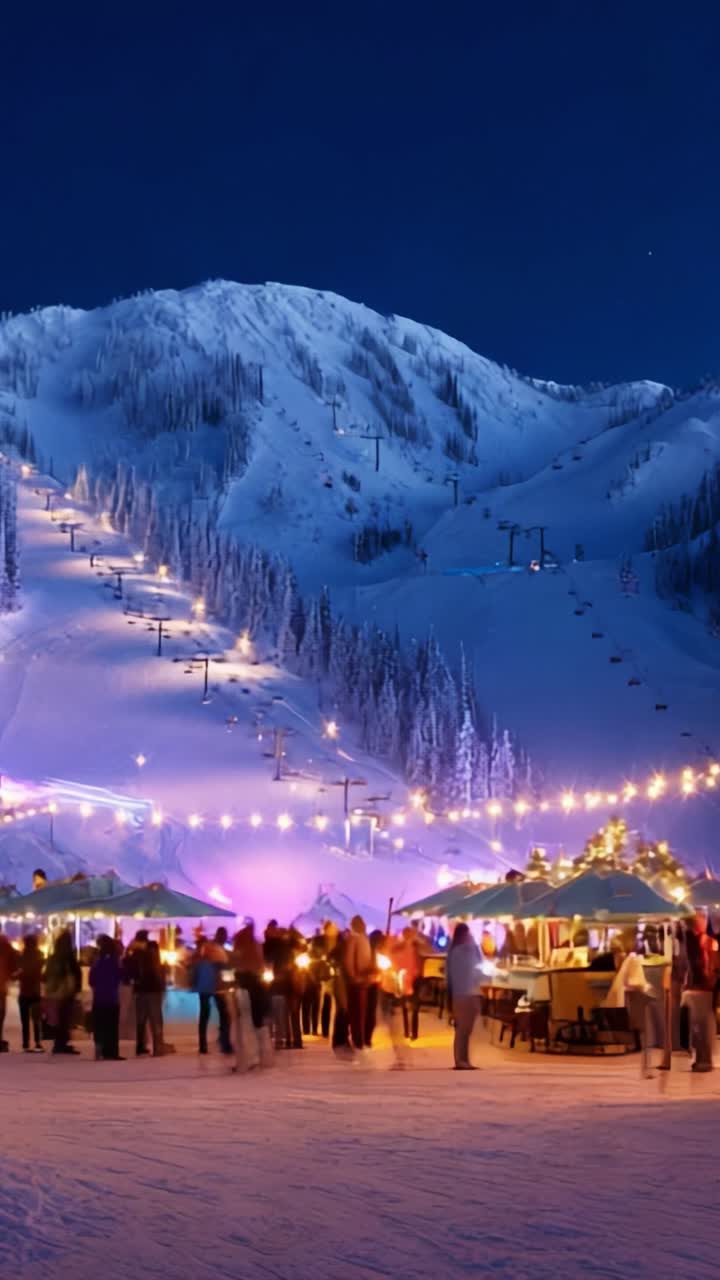 A picturesque winter night scene showcasing a vibrant outdoor gathering, adorned with dazzling lights amidst a snowy landscape and majestic mountain backdrop, perfect for festive celebrations and community enjoyment