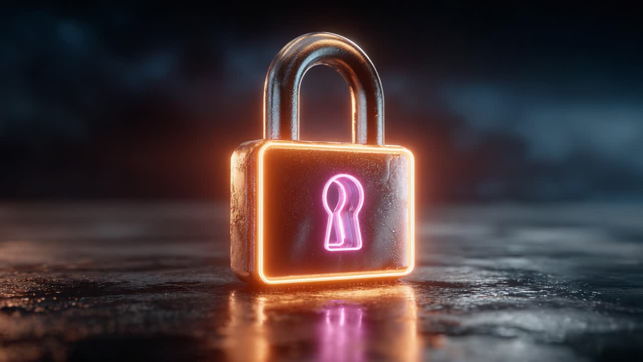 A Sleek, Neon-Illuminated Padlock Glows in a Dark Environment, Symbolizing Security and Protection Against Data Breaches and Cyber Threats