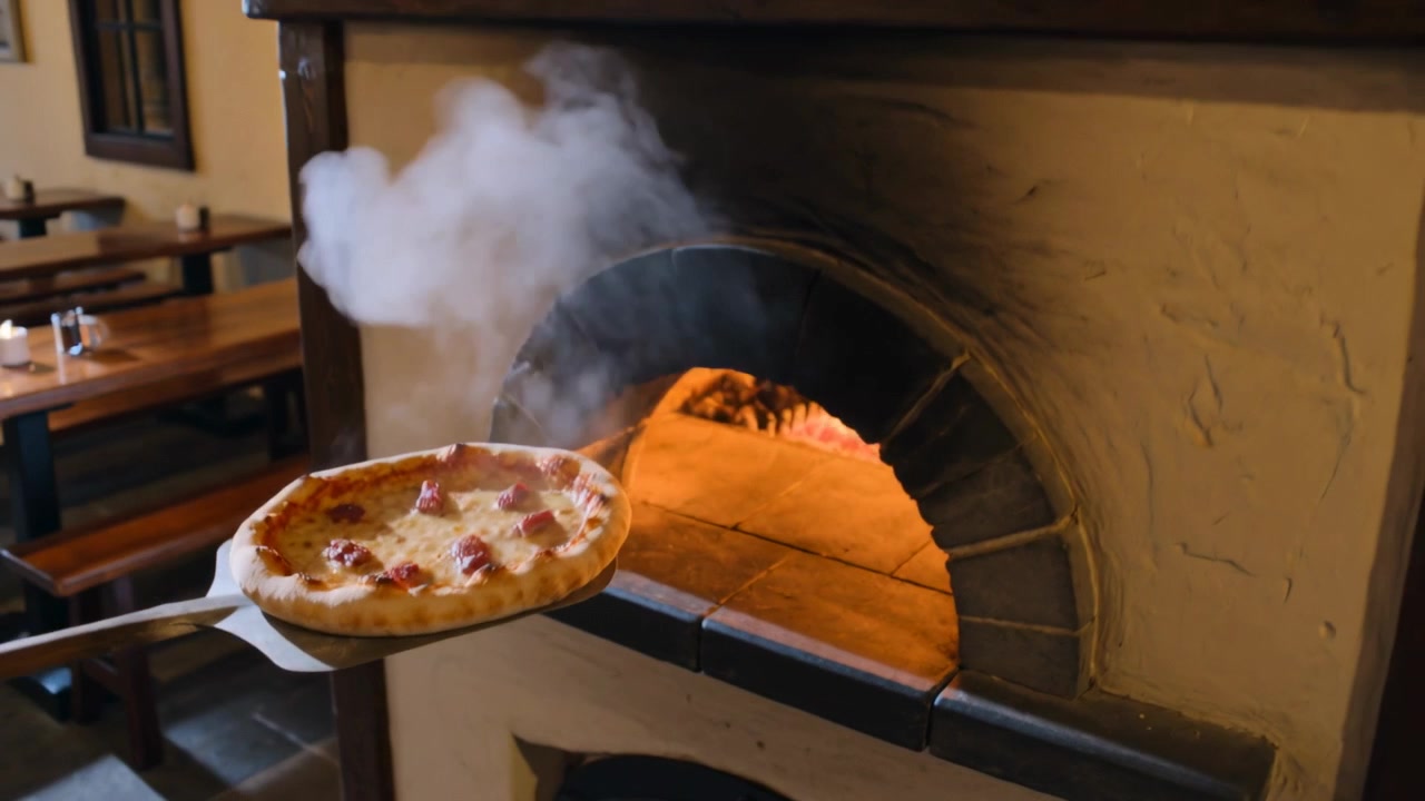 Cuoco guantato che infila la pala sotto la pizza, tirandola fuori dal forno a legna e portandola nella pizzeria per i clienti.