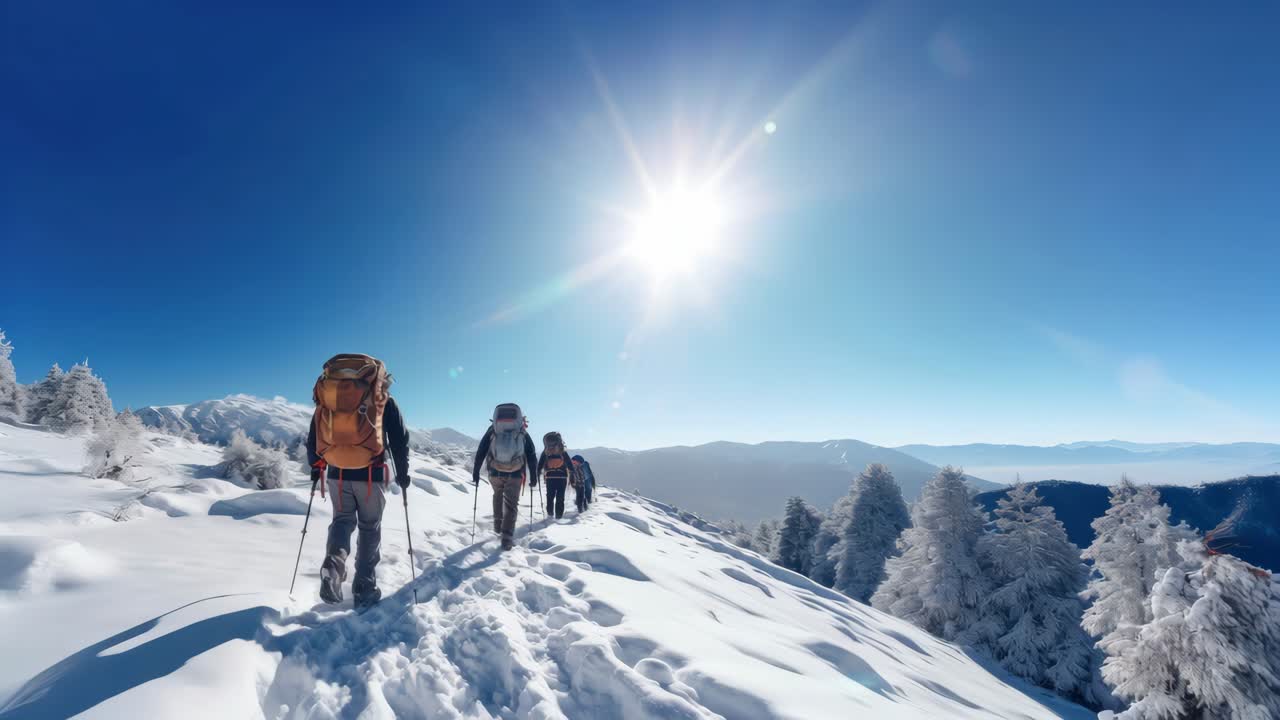 Foto grande angular de pessoas caminhando por montanhas nevadas sob um sol forte