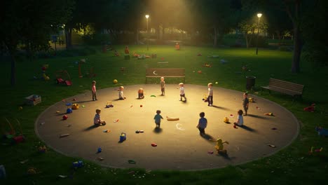 a playful evening in the park: children enjoying playtime under soft lights amidst a mess of toys and laughter, enveloped by nature's beauty