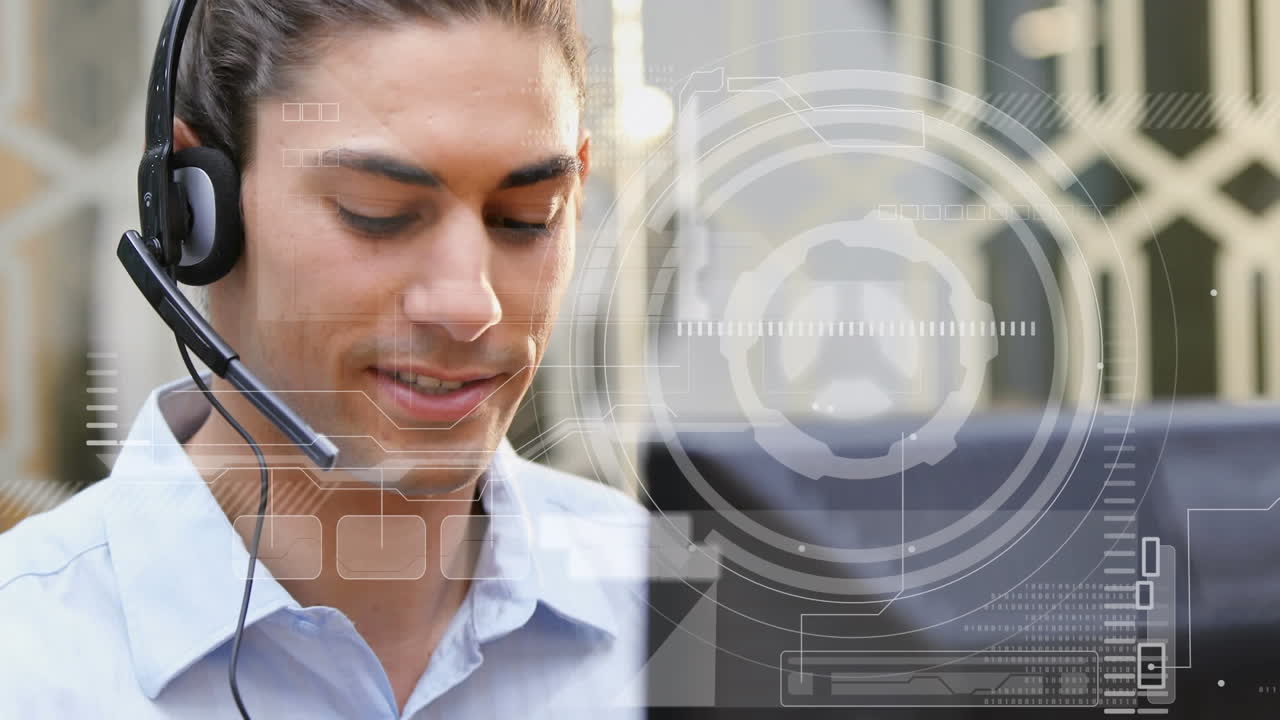 animación del procesamiento de datos sobre personas de negocios que usan auriculares telefónicos