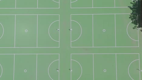 aerial view of neatly aligned soccer fields with a pathway and scattered trees.