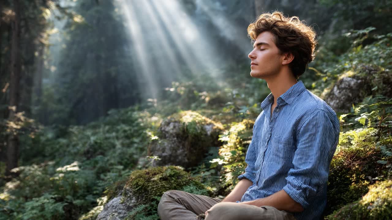 A Serene Moment in Nature: Young Man Meditating Amidst Sunlit Forest Rays, Embracing Calmness and Tranquility in the Heart of the Wilderness