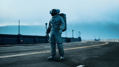 astronaut in space suit on the road bridge