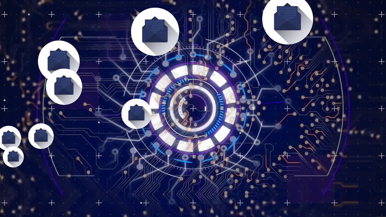 봉투 아이콘, 아크 반응기, 회로 보드 패턴을 추상적인 배경 위에 애니메이션으로 표시합니다.