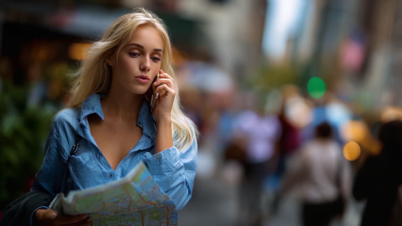 Una giovane donna riflessiva si orienta per le vie della città, tenendo in mano una mappa e parlando al telefono, circondata dal vivace ambiente urbano e da passanti sfocati
