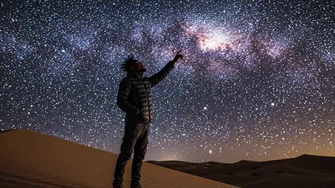 Una Noche Estrellada en el Desierto: Explorando la Belleza de la Vía Láctea Sobre Paisajes de Dunas con un Observador Solitario Entre Maravillas Cósmicas