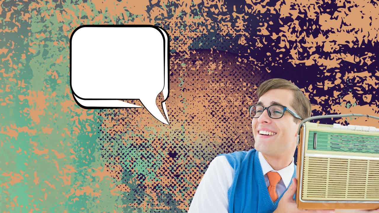 animación de un hombre sosteniendo una radio antigua y una burbuja de habla con espacio de copia en un fondo angustiado