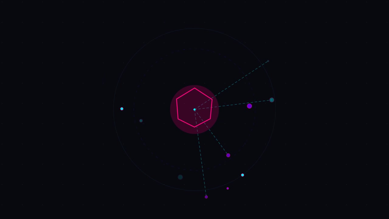Grafica esagonale digitale astratta con elementi orbitali rotanti