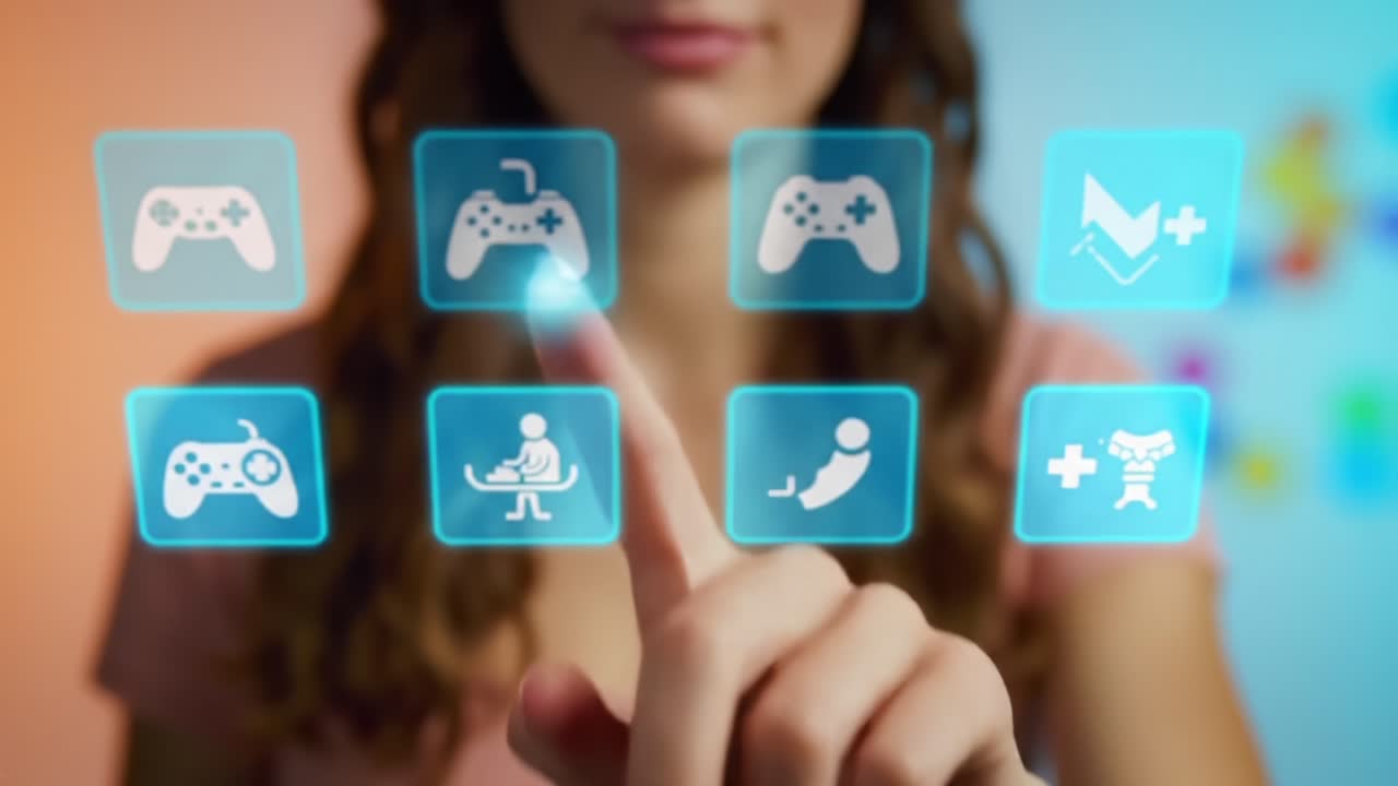 An Engaging Interaction with Virtual Game Controls: A Young Woman Touches Technology-Driven Icons Representing Gaming and User Interface Options