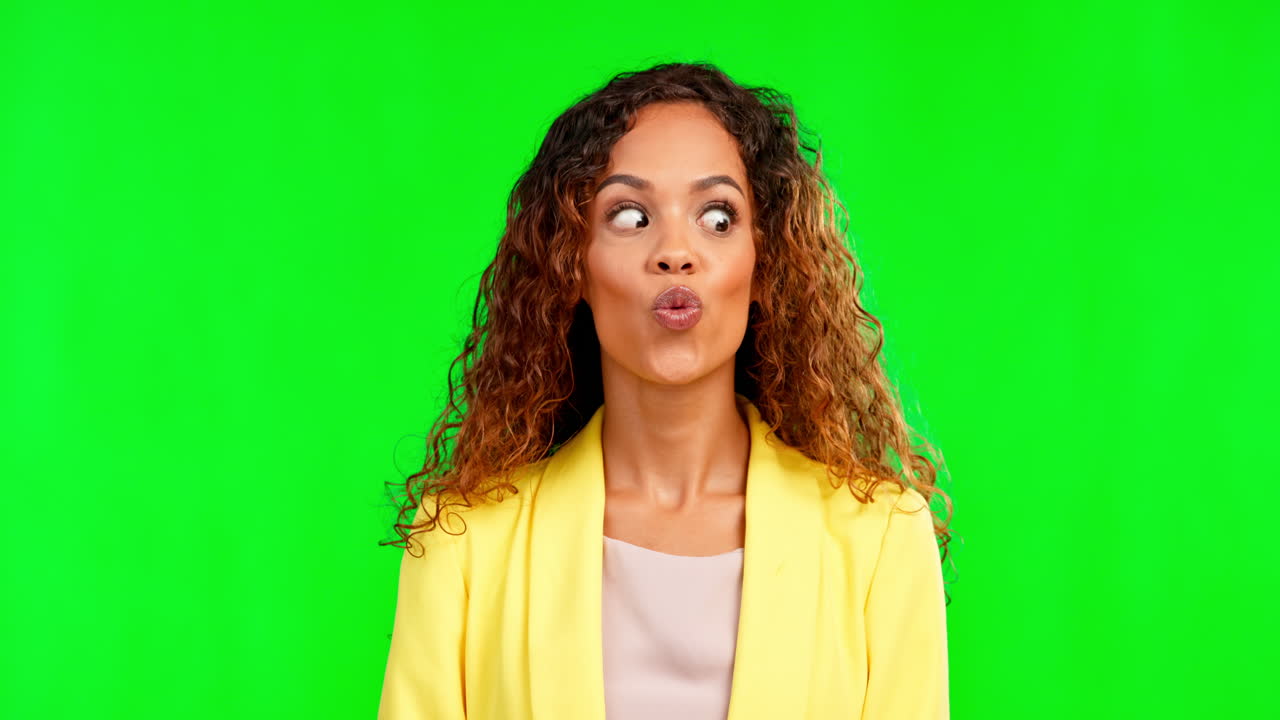 Silly face, green screen and woman being funny