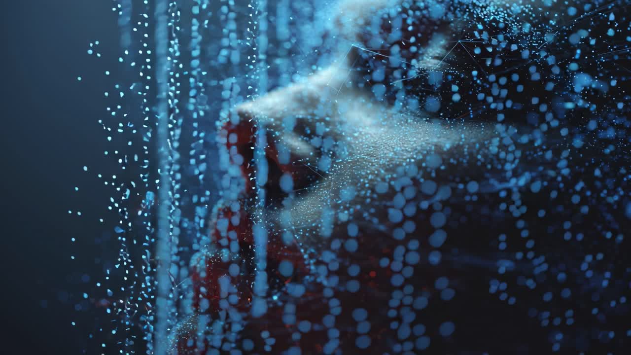 Profile view of a CGI human head dissolving into a glowing plexus network and blue particles, conceptualizing artificial intelligence, data transfer, technology, and futuristic virtual reality