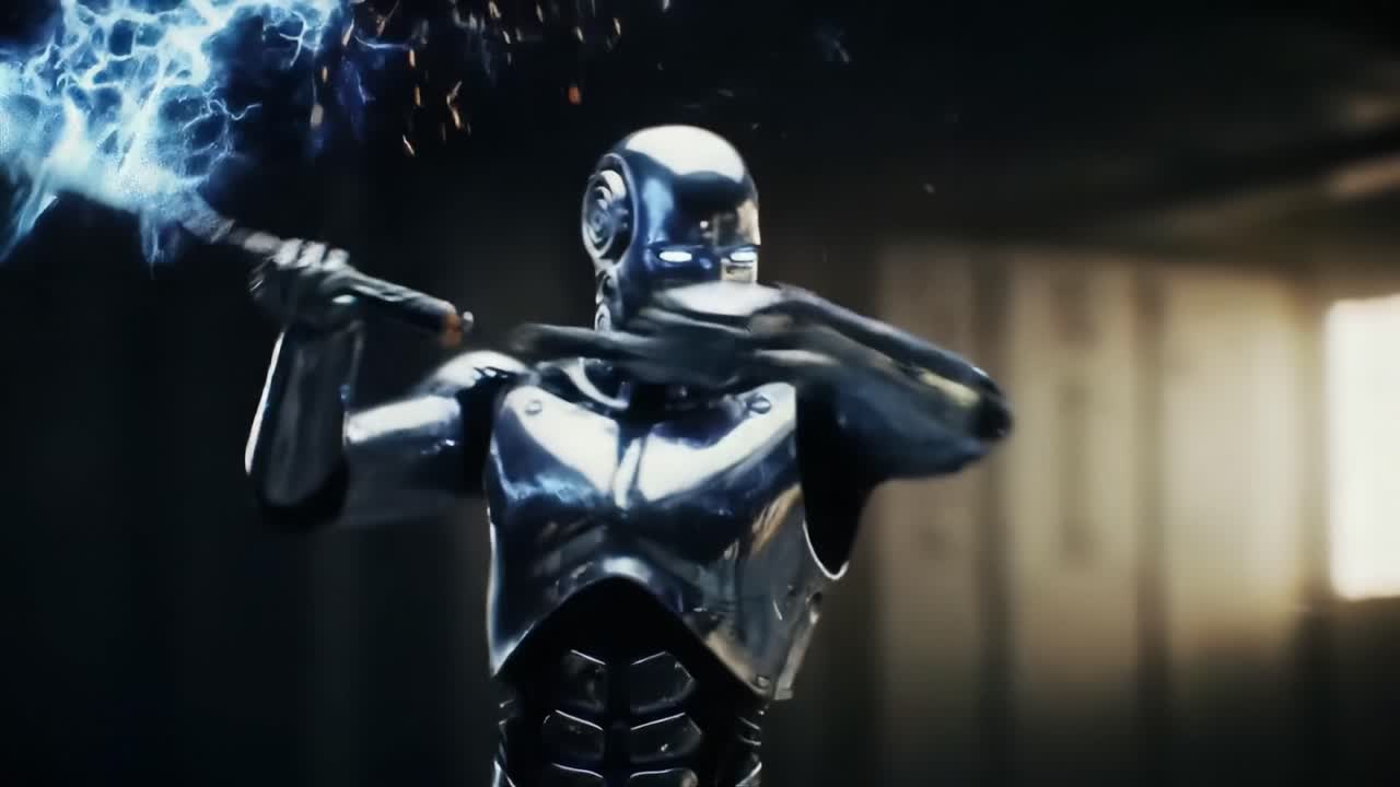 A futuristic robot is seen wielding lightning, preparing for a powerful strike in a dimly lit arena filled with neon lights. The atmosphere is electrifying as sparks fly around it.